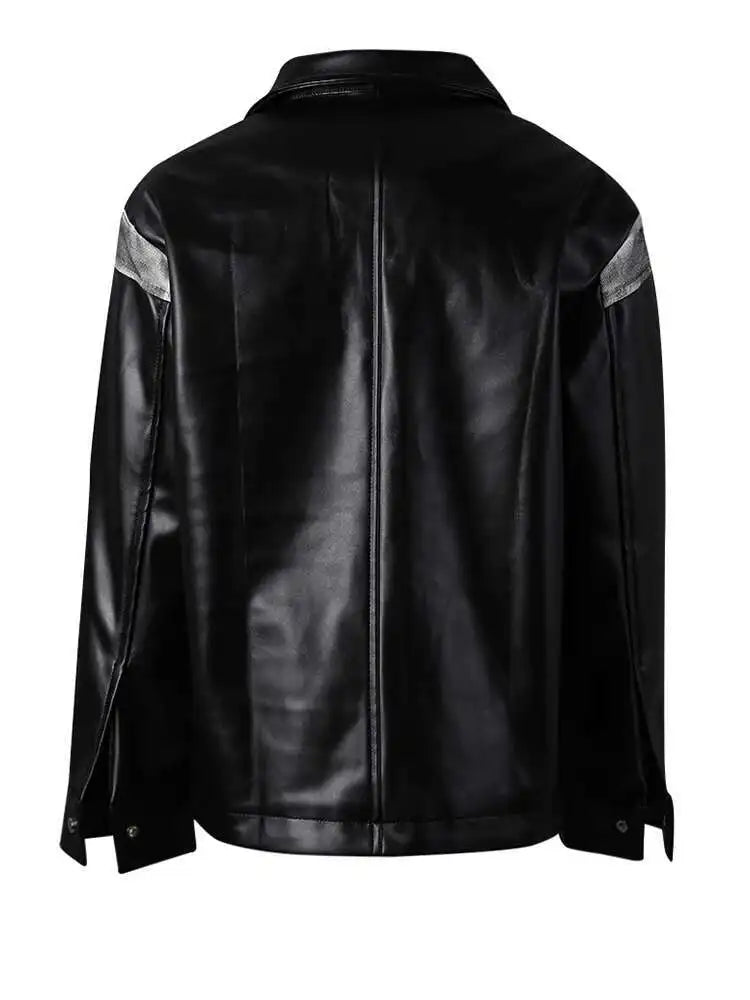 Black Denim Pu Leather Spliced Big Size Jacket New Lapel Long Sleeve Women Coat Fashion Tide Spring Autumn 2025 CPG2873