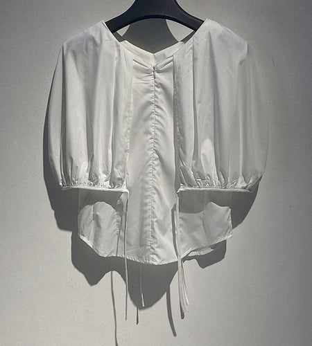 Women White Black Shaped Elegant Bud Blouse New V-Neck Short Puff Sleeve Shirt Fashion Tide Spring Summer 2025 1DJ1481