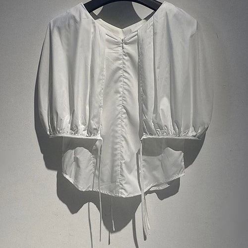 Load image into Gallery viewer, Women White Black Shaped Elegant Bud Blouse New V-Neck Short Puff Sleeve Shirt Fashion Tide Spring Summer 2025 1DJ1481
