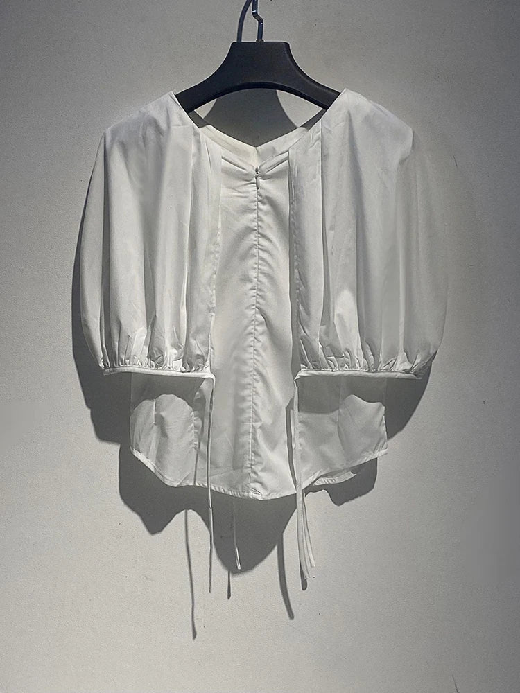 Women White Black Shaped Elegant Bud Blouse New V-Neck Short Puff Sleeve Shirt Fashion Tide Spring Summer 2025 1DJ1481
