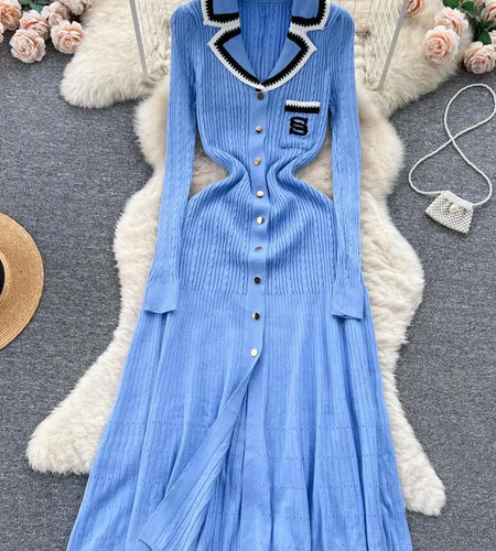 Women Elegant Patchwork Embroidery Knit Sweater Long Dress Autumn Winter Casual Fashion Slim Long Sleeve Button Dresses New 2023