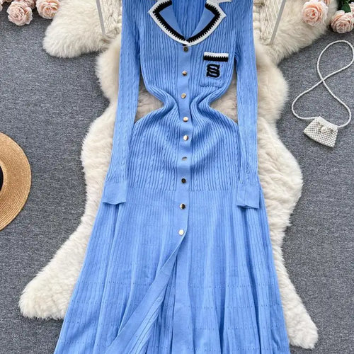 Load image into Gallery viewer, Women Elegant Patchwork Embroidery Knit Sweater Long Dress Autumn Winter Casual Fashion Slim Long Sleeve Button Dresses New 2023
