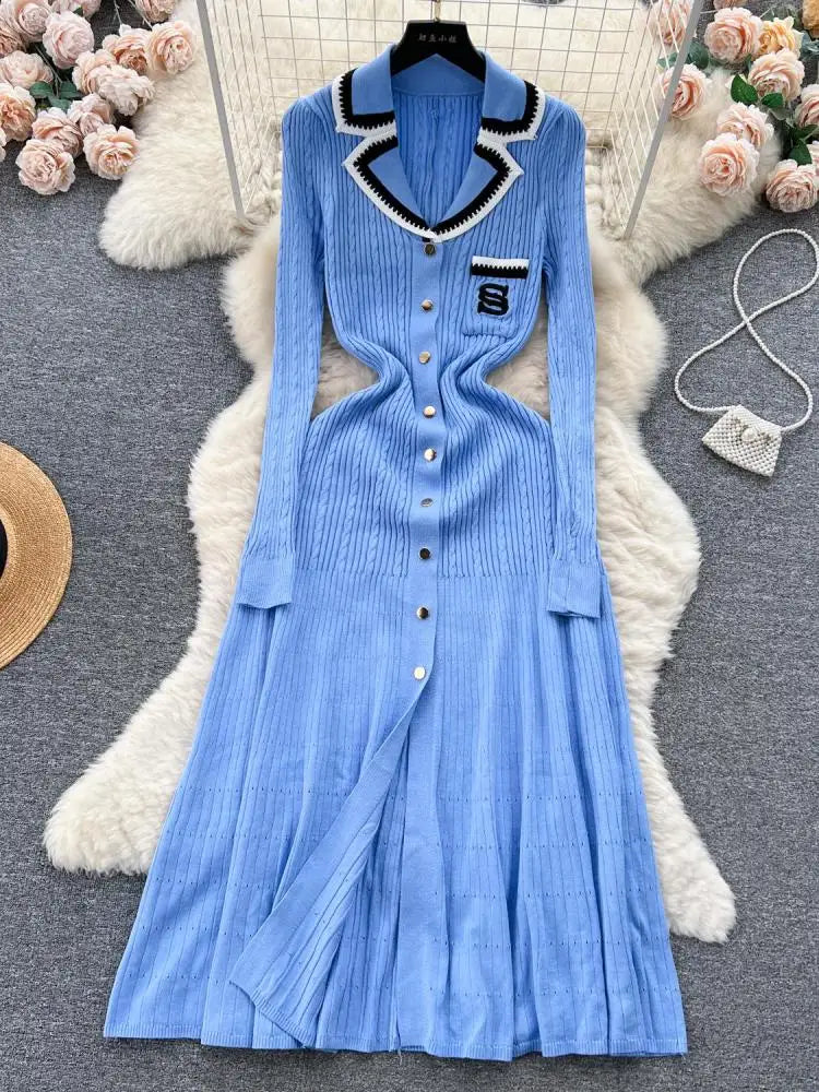 Women Elegant Patchwork Embroidery Knit Sweater Long Dress Autumn Winter Casual Fashion Slim Long Sleeve Button Dresses New 2023
