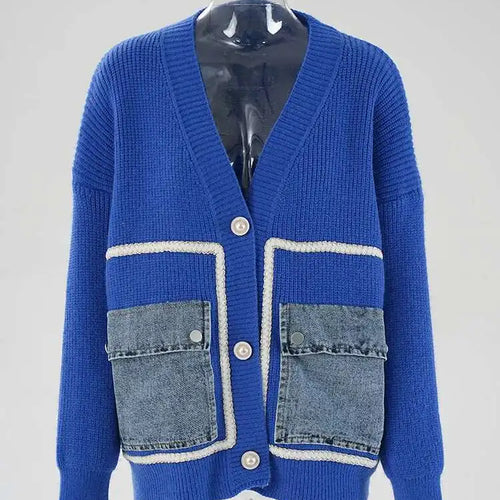 Load image into Gallery viewer, Brown Denim Pocket Big Size Knitting Cardigan Sweater V-Neck Long Sleeve Women New Fashion Tide Spring Autumn 2025 CPG1987
