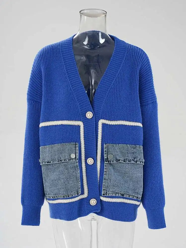 Brown Denim Pocket Big Size Knitting Cardigan Sweater V-Neck Long Sleeve Women New Fashion Tide Spring Autumn 2025 CPG1987