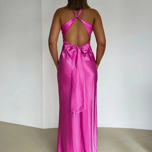 Load image into Gallery viewer, Satin Bow Backless Sexy Maxi Dress For Women Gown Fashion V Neck Sleeveless Club Party Evening Dress Elegant
