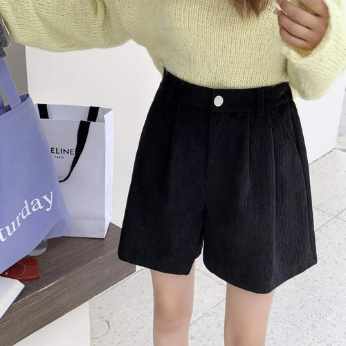 Load image into Gallery viewer, Korean Fashion Women Black High Waist Corduroy Shorts Autumn Winter Lady Beige Wide Legs Short Pant Simplicity Casual Streetwear
