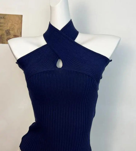 Summer Women Blue Sleeveless Backless Short Knit Tops Casual Pink Sexy Club Off Shoulder Cross Halter Top Simplicity Clothes New