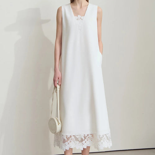 Minimalist Office Lady Camisole Dress Women New Summer 2025 Solid Loose Sleeveless Long Lace Dresses Woman Fashion 12552041