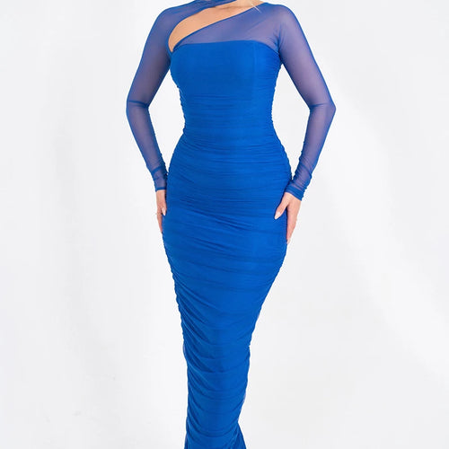 Load image into Gallery viewer, Mesh Long Sleeve Skew Collar Sexy Maxi Dress For Women Off-shoulder Backless Ruched Bodycon Club Party Long Dress
