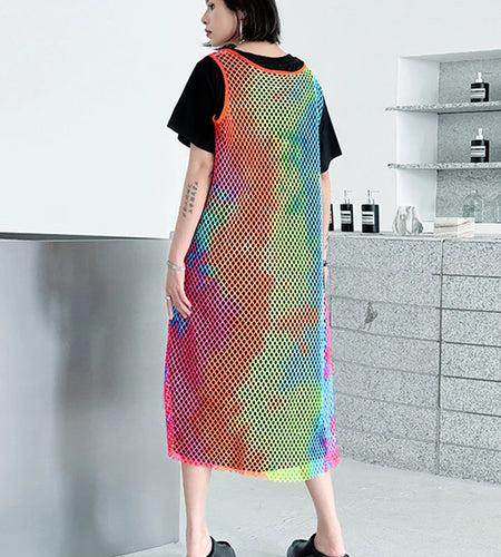 Women Green Colorful Spliced Big Size Midi Dress New Round Neck Short Sleeve Fashion Tide Spring Summer 2025 1DJ1155