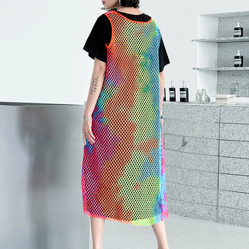 Load image into Gallery viewer, Women Green Colorful Spliced Big Size Midi Dress New Round Neck Short Sleeve Fashion Tide Spring Summer 2025 1DJ1155
