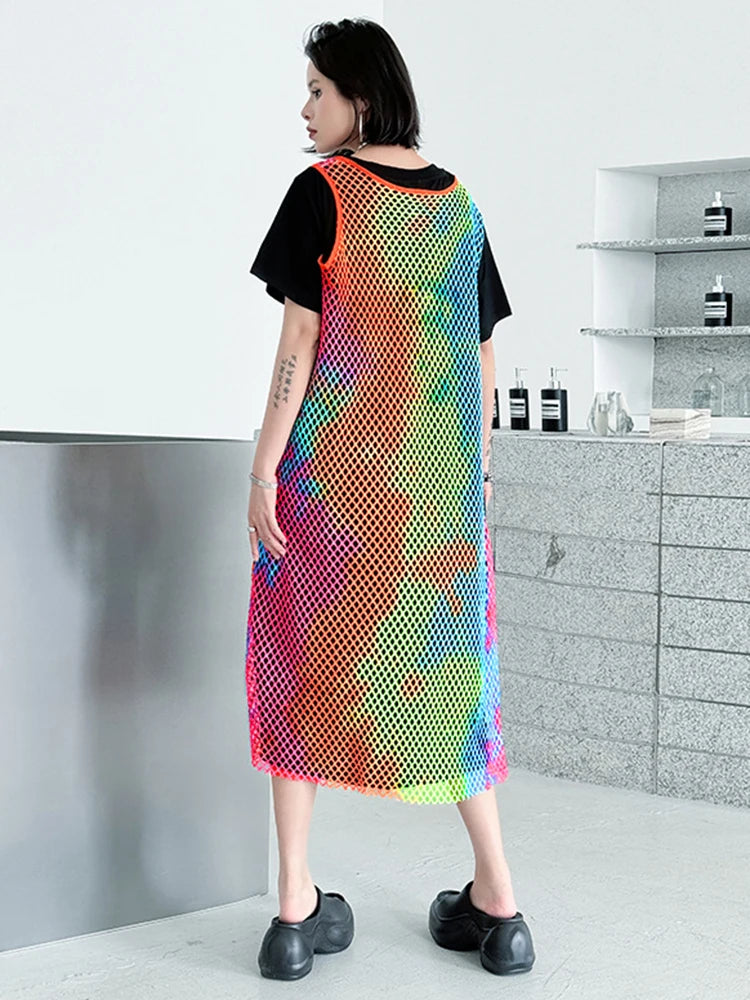 Women Green Colorful Spliced Big Size Midi Dress New Round Neck Short Sleeve Fashion Tide Spring Summer 2025 1DJ1155