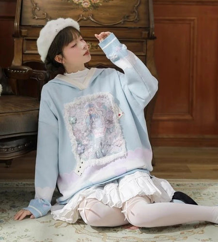 Y2k Aesthetic Cartoon Hooded Sweater Women Contrast Color Patchwork Oversized Tops Vintage Love Flocking Pullover Streetwear