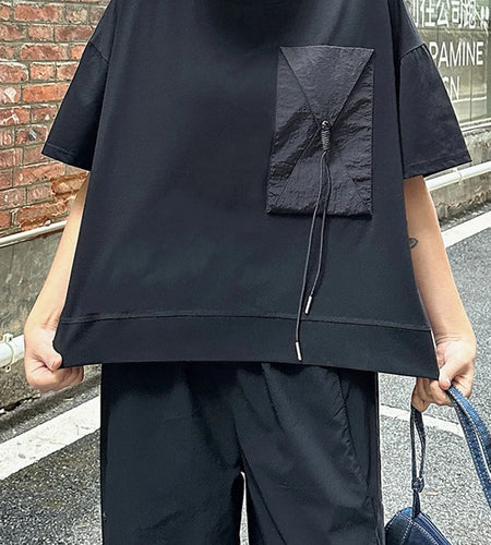 Women Black Pocket Spliced Big Size Casual T-shirt New Round Neck Short Sleeve Fashion Tide Spring Summer 2025 1DJ0898