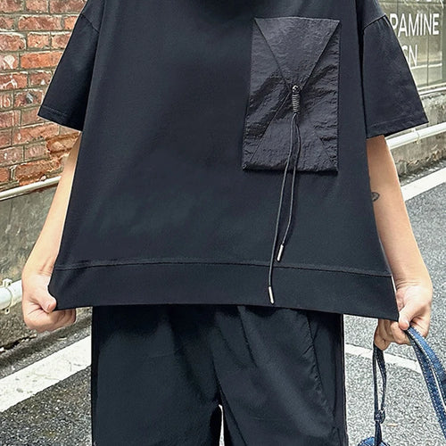 Load image into Gallery viewer, Women Black Pocket Spliced Big Size Casual T-shirt New Round Neck Short Sleeve Fashion Tide Spring Summer 2025 1DJ0898
