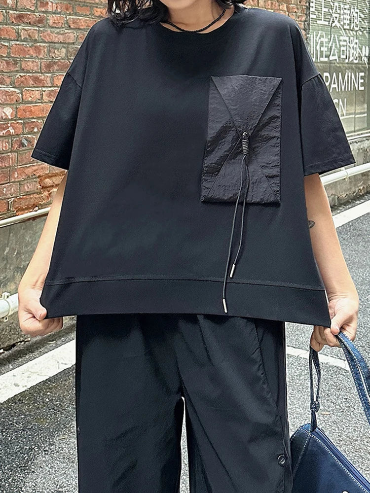 Women Black Pocket Spliced Big Size Casual T-shirt New Round Neck Short Sleeve Fashion Tide Spring Summer 2025 1DJ0898