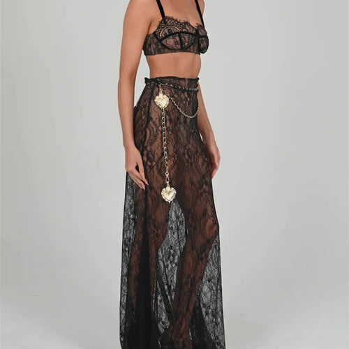 Load image into Gallery viewer, See Through Lace Two Piece Skirt Sets Women Crop Top And Maxi Skirt Sets Elegant Party Beach Sexy Two Piece Set

