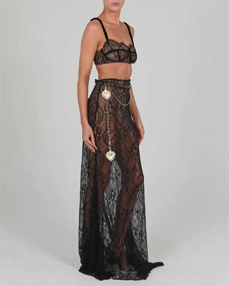 See Through Lace Two Piece Skirt Sets Women Crop Top And Maxi Skirt Sets Elegant Party Beach Sexy Two Piece Set
