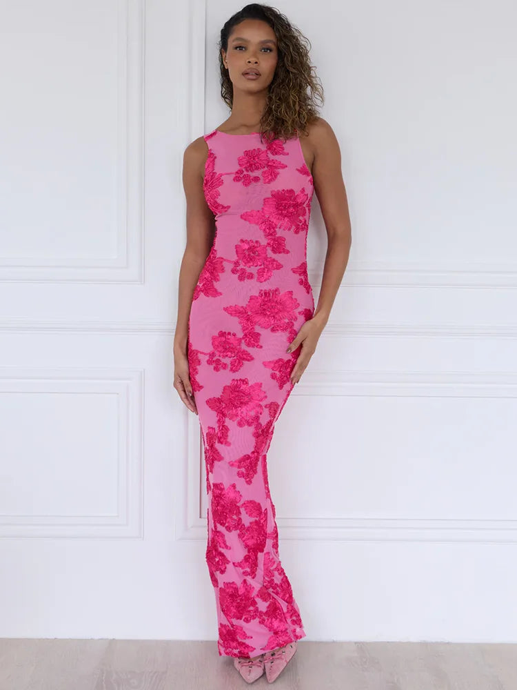 Elegant Floral Print Sexy Maxi Dress For Women Embroidered Applique Tank Dress Femme Bodycon Club Party Long Dress