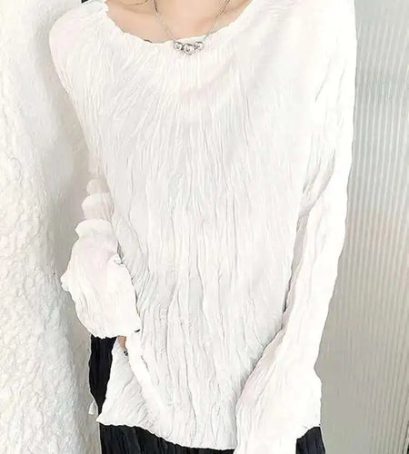 Women White Pleated Thin Big Size Casual T-shirt New Round Neck Long Sleeve Fashion Tide Spring Autumn 2025 1DH7229