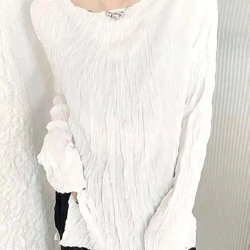 Load image into Gallery viewer, Women White Pleated Thin Big Size Casual T-shirt New Round Neck Long Sleeve Fashion Tide Spring Autumn 2025 1DH7229
