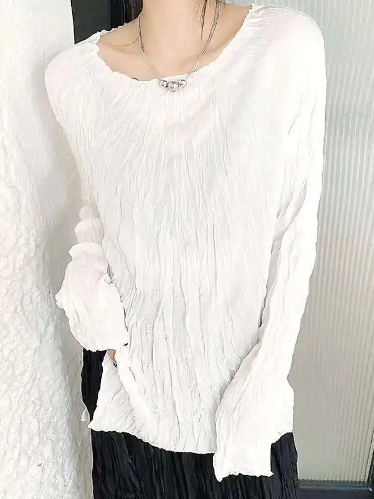 Women White Pleated Thin Big Size Casual T-shirt New Round Neck Long Sleeve Fashion Tide Spring Autumn 2025 1DH7229