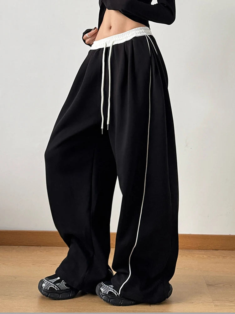 High Elastic Waist Drawstring Color-block Long Wide Leg Pants New Trousers Women Fashion Tide Spring Autumn 2025 1DH9621