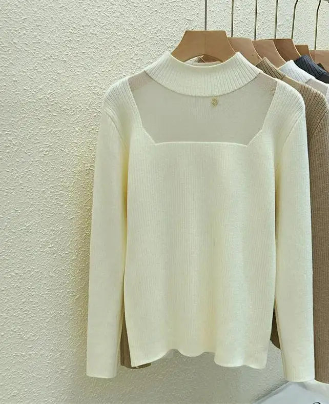 Autumn Winter Women Solid Mesh Velvet Sweater Korean Fashion Warm Round Collar Knitwear Long Sleeve Pullovers Tops Thick Popular