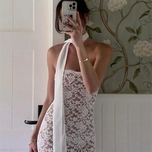 Load image into Gallery viewer, Lace See Through Sexy Midi Dress For Women Fashion Off-shoulder Strapless Sleeveless Backless Bodycon Club Party Dress
