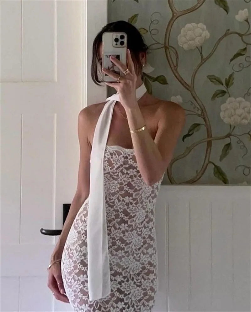 Lace See Through Sexy Midi Dress For Women Fashion Off-shoulder Strapless Sleeveless Backless Bodycon Club Party Dress