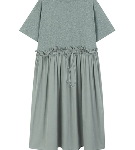 Women Gray Pleated Ruffles Big Size Elegant Midi Dress New Round Neck Short Sleeve Fashion Tide Spring Summer 2025 1DJ0927