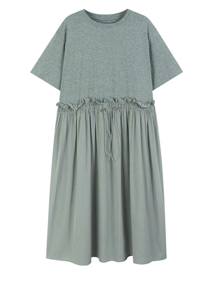 Women Gray Pleated Ruffles Big Size Elegant Midi Dress New Round Neck Short Sleeve Fashion Tide Spring Summer 2025 1DJ0927