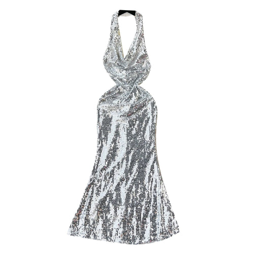 Load image into Gallery viewer, Summer 2023 Retro Elegant Silver Sequins Backless Birthday Party Long Sundress Women Sexy Club Sleeveless Wrap Hip Evening Dress

