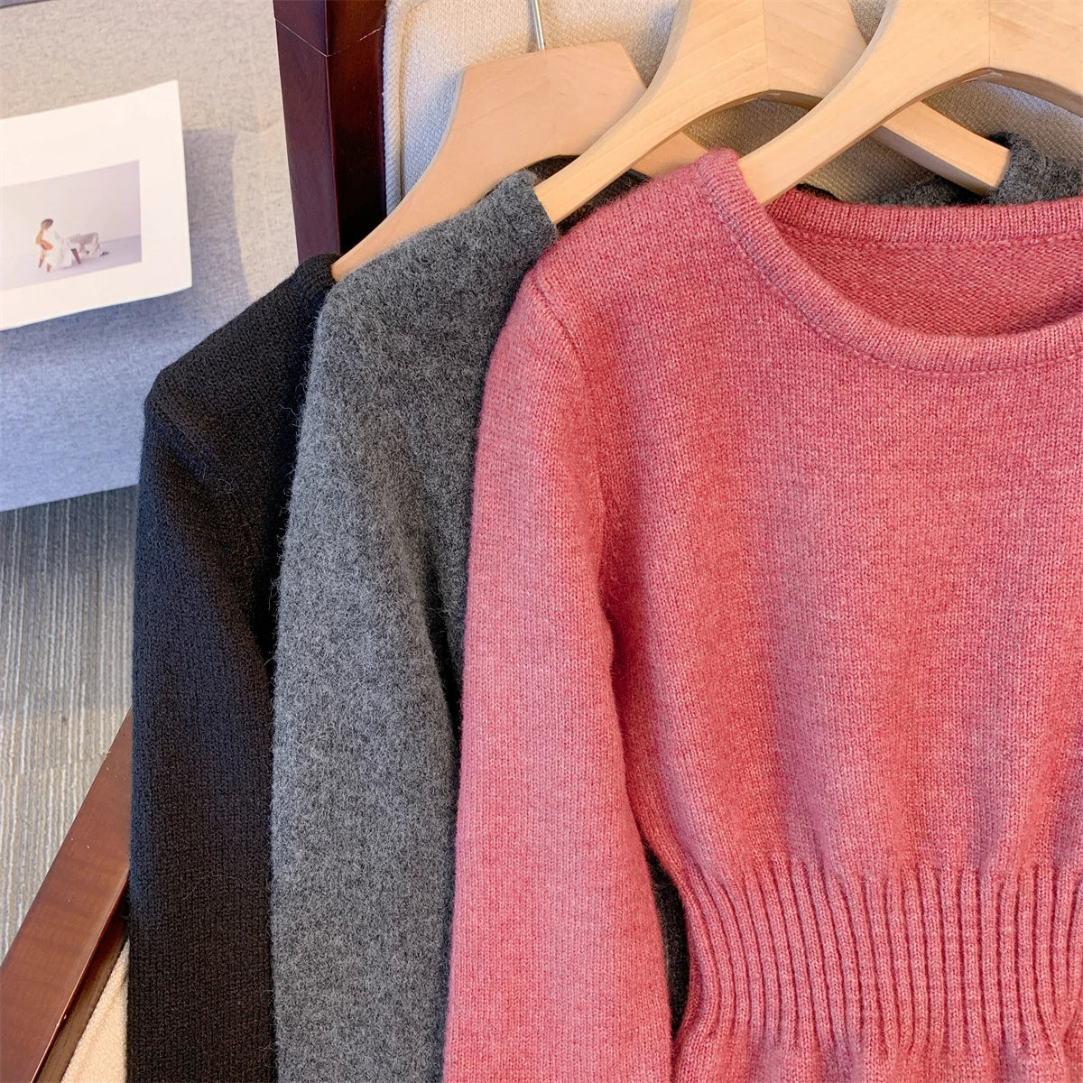 Autumn Winter Black Grey Elegant Round Neck High Waist Dress Women New Pink Long Sleeved Knitted Short Dress 2024 Korean Simple