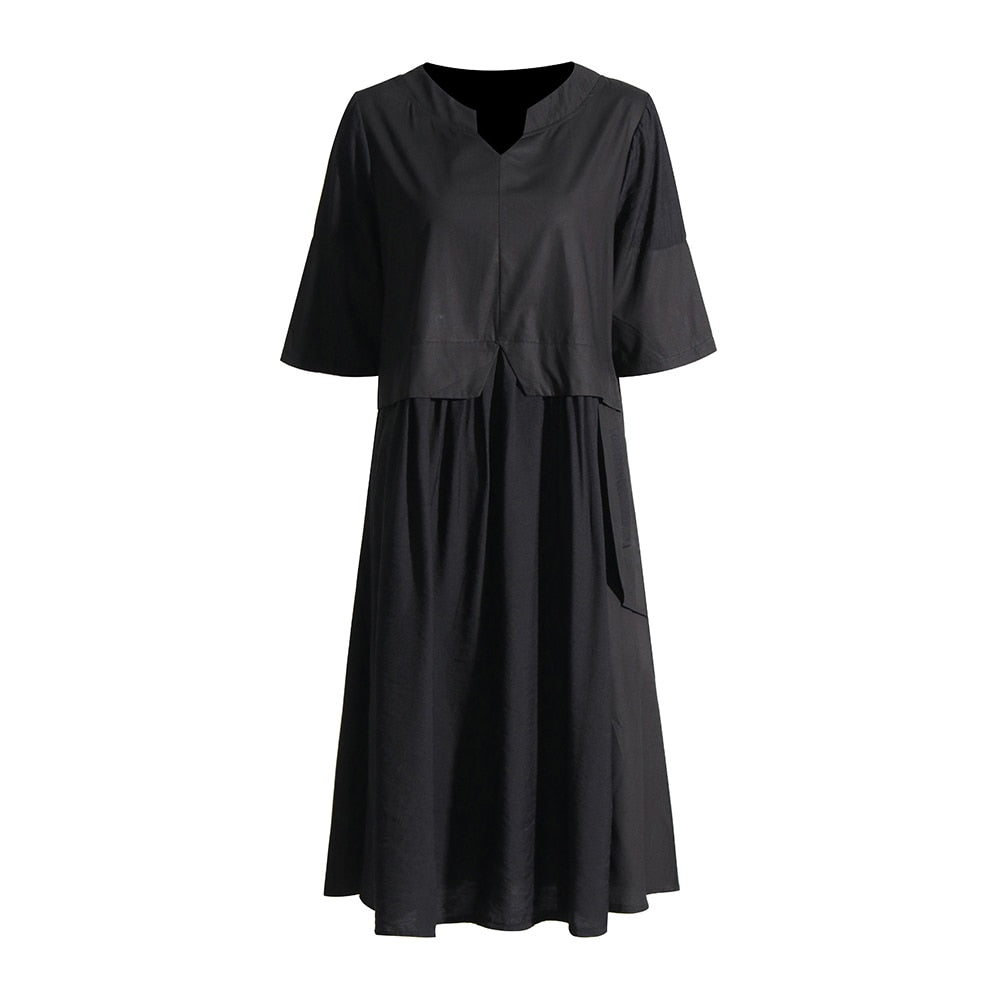 Black Loose Dress For Women Round Neck Short Sleeve Minimalist Casual Dresses Female New Clothing Fashion