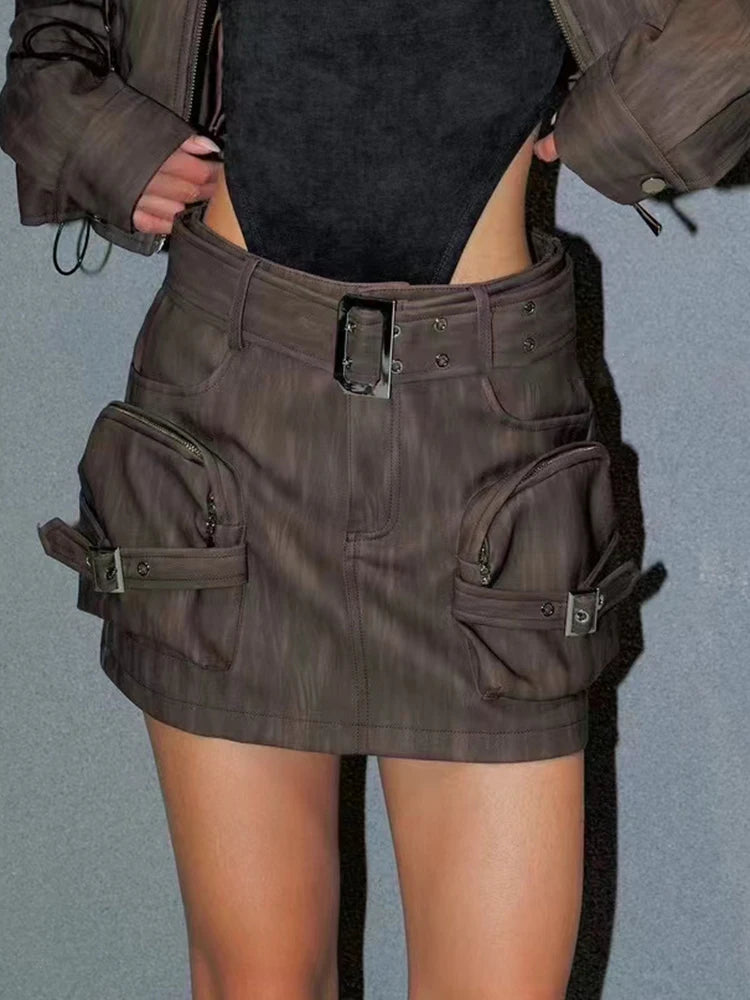 Solid Spliced Belt Skirts For Women High Waist Patchwork Pockets Slimming Temperament Skirt Female Fashion Clothing