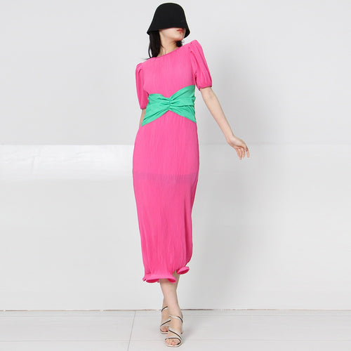 Load image into Gallery viewer, Patchwork Bowknot Dress For Women Round Neck Puff Sleeve High Waist Colorblock Midi Dresses Female Summer Clothing
