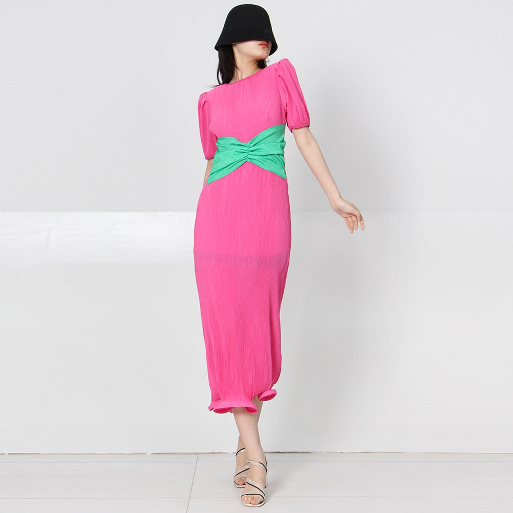 Patchwork Bowknot Dress For Women Round Neck Puff Sleeve High Waist Colorblock Midi Dresses Female Summer Clothing