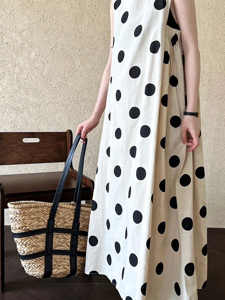 Women White Dot Printed Pleated Big Size Elegant Dress New Round Neck Sleeveless Fashion Tide Spring Summer 2025 1DJ0367