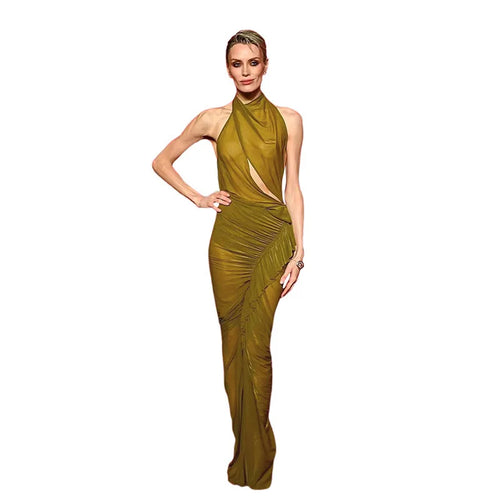 Load image into Gallery viewer, Mesh Ruffled Ruched Sexy Maxi Dress For Women Gown Fashion Solid Sleeveless Backless Bodycon Club Long Dress Vestido
