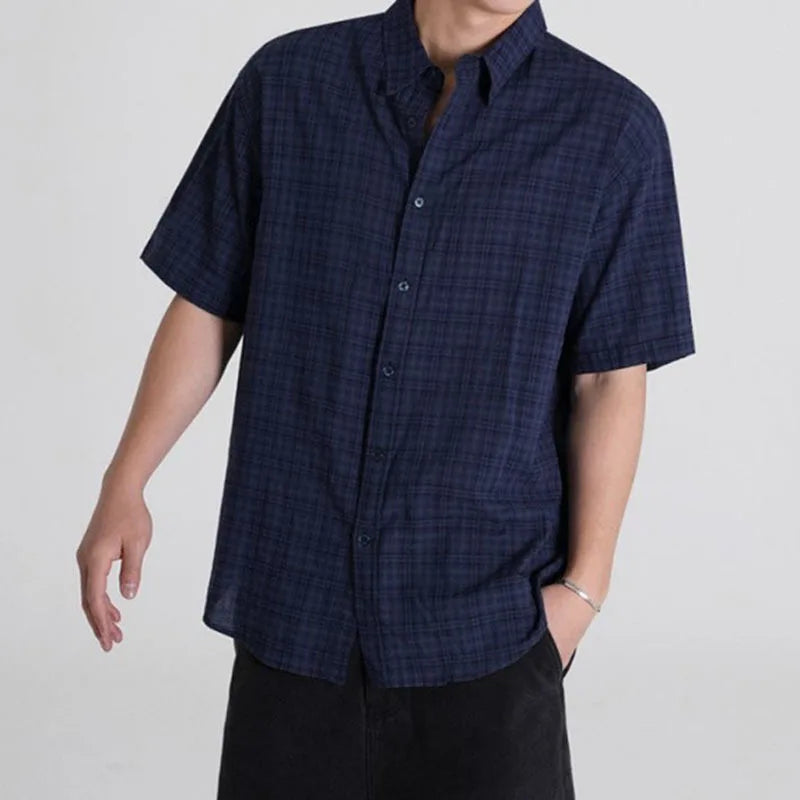 Men's Plaid Short Sleeve Shirts New Summer Single Breasted Korean Handsome Turn-down Collar Trendy Male Clothing 9W1633