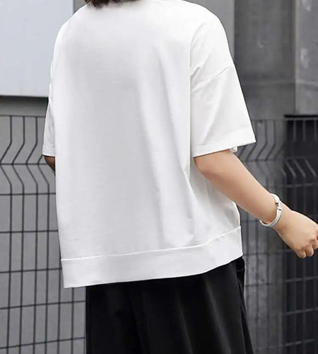 Women White Irregular Pocket Big Size Casual T-shirt New Round Neck Short Sleeve Fashion Tide Spring Summer 2025  1DJ0620