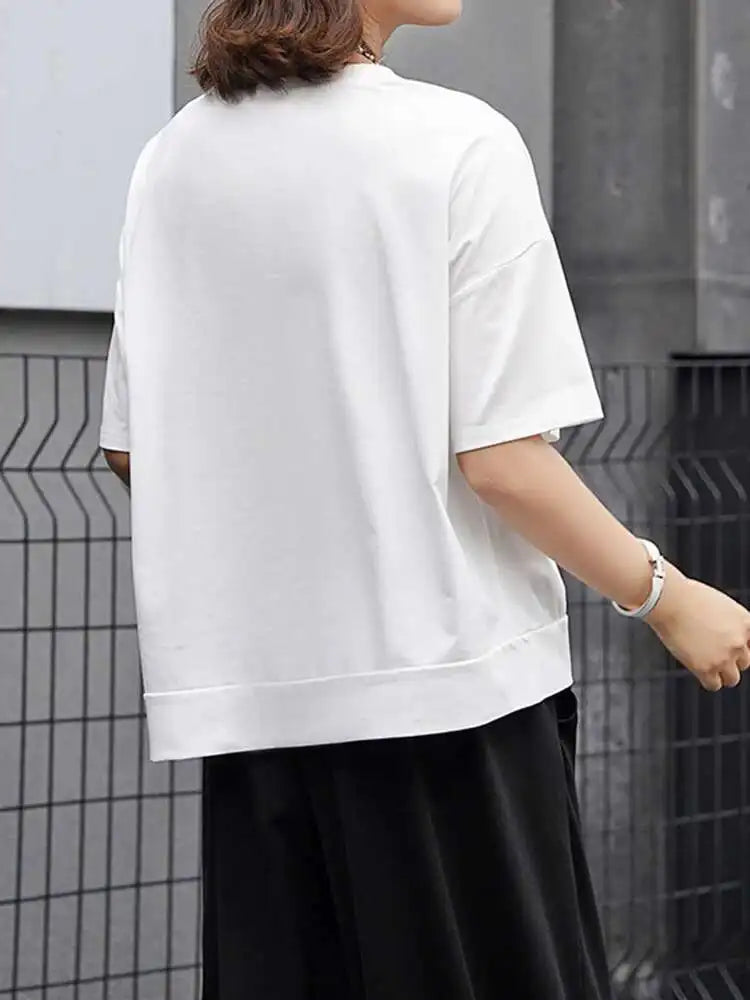 Women White Irregular Pocket Big Size Casual T-shirt New Round Neck Short Sleeve Fashion Tide Spring Summer 2025  1DJ0620