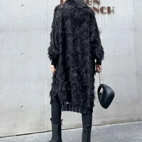Load image into Gallery viewer, Women Black Tassels Perspective Big Size Knee-Length Dress New Turtleneck Long Sleeve Fashion Spring Autumn 2025 1DH8741
