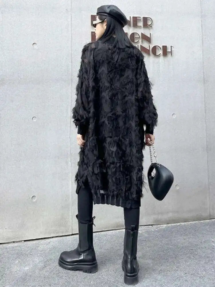 Women Black Tassels Perspective Big Size Knee-Length Dress New Turtleneck Long Sleeve Fashion Spring Autumn 2025 1DH8741