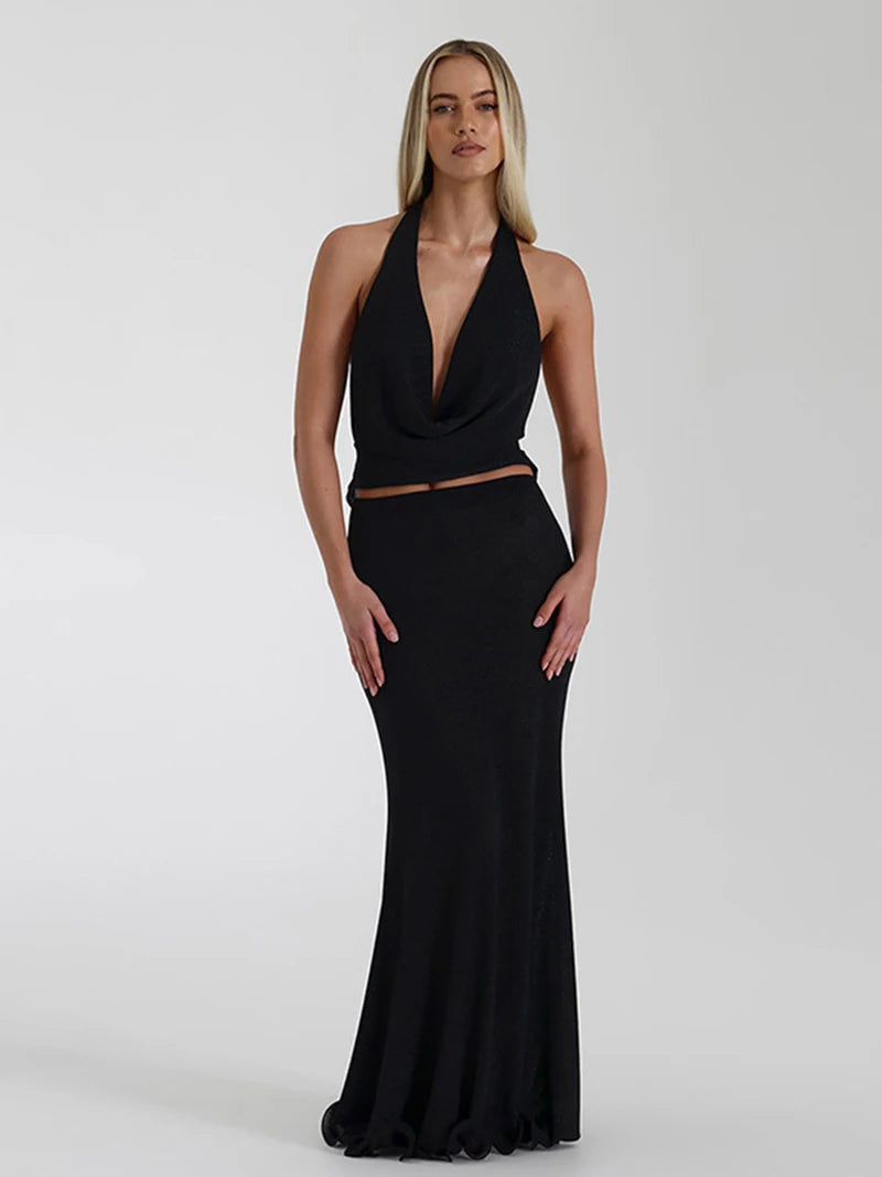 Halter Deep V Neck Backless Sexy Maxi Dress For Women Fashion Sleeveless High Waist Slim-fit Beach Club Party Dress