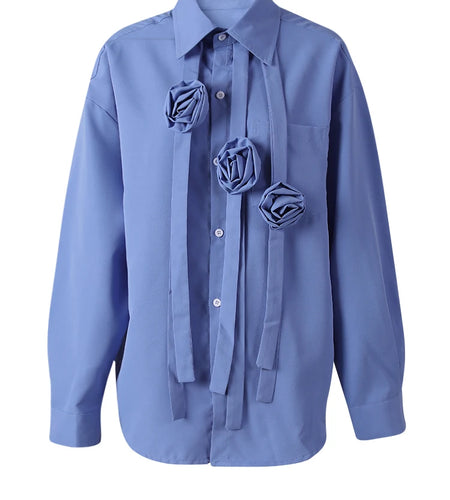 Women Blue Ribbon 3d Flower Big Size Elegant Blouse New Lapel Long Sleeve Shirt Fashion Tide Spring Autumn 2025 CPG3113