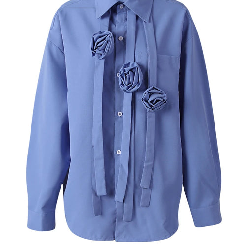 Load image into Gallery viewer, Women Blue Ribbon 3d Flower Big Size Elegant Blouse New Lapel Long Sleeve Shirt Fashion Tide Spring Autumn 2025 CPG3113
