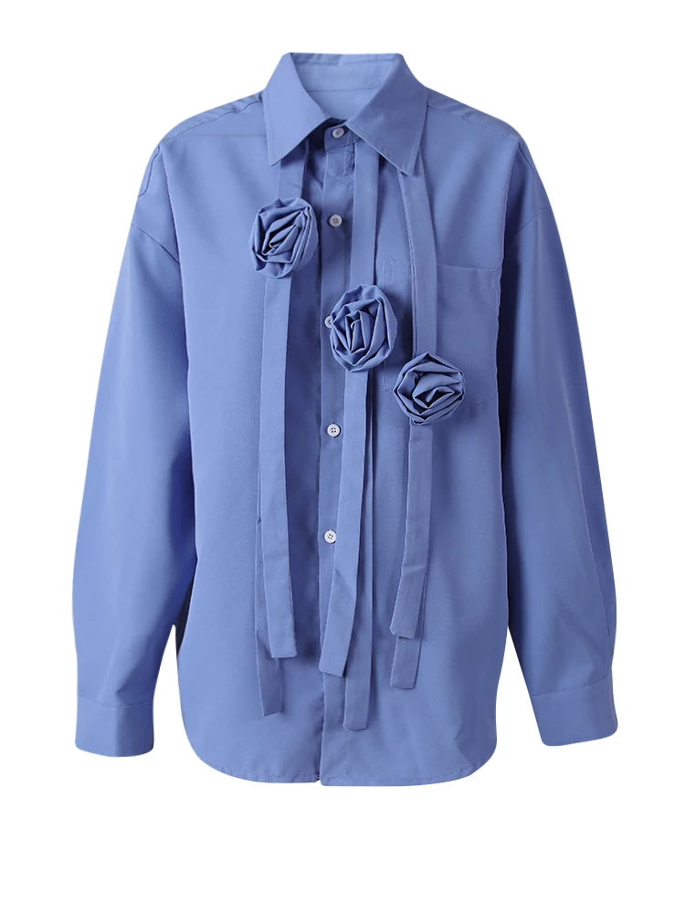 Women Blue Ribbon 3d Flower Big Size Elegant Blouse New Lapel Long Sleeve Shirt Fashion Tide Spring Autumn 2025 CPG3113